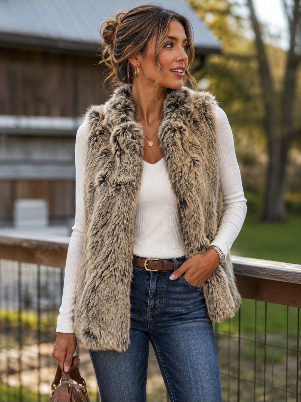 Alaniz Faux Fur Vest Women’s Size 40 (S/M) Brown Taupe Sleeveless Cozy Jacket